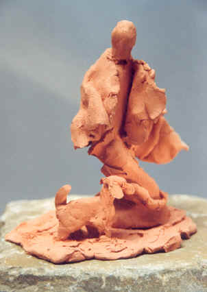 L'homme et son chien, terre cuite (2000) copyright D. Aliquot (ADAGP)