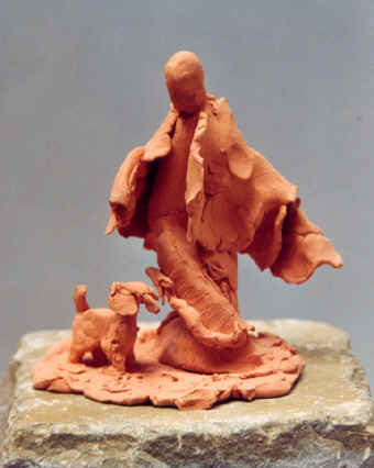 L'homme et son chien, terre cuite (2000) copyright D. Aliquot (ADAGP)