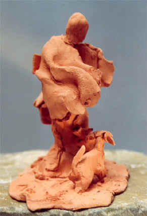 L'homme et son chien, terre cuite (2000) copyright D. Aliquot (ADAGP)