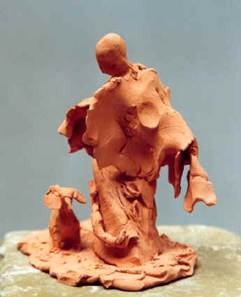 L'homme et son chien, terre cuite (2000) copyright D. Aliquot (ADAGP)